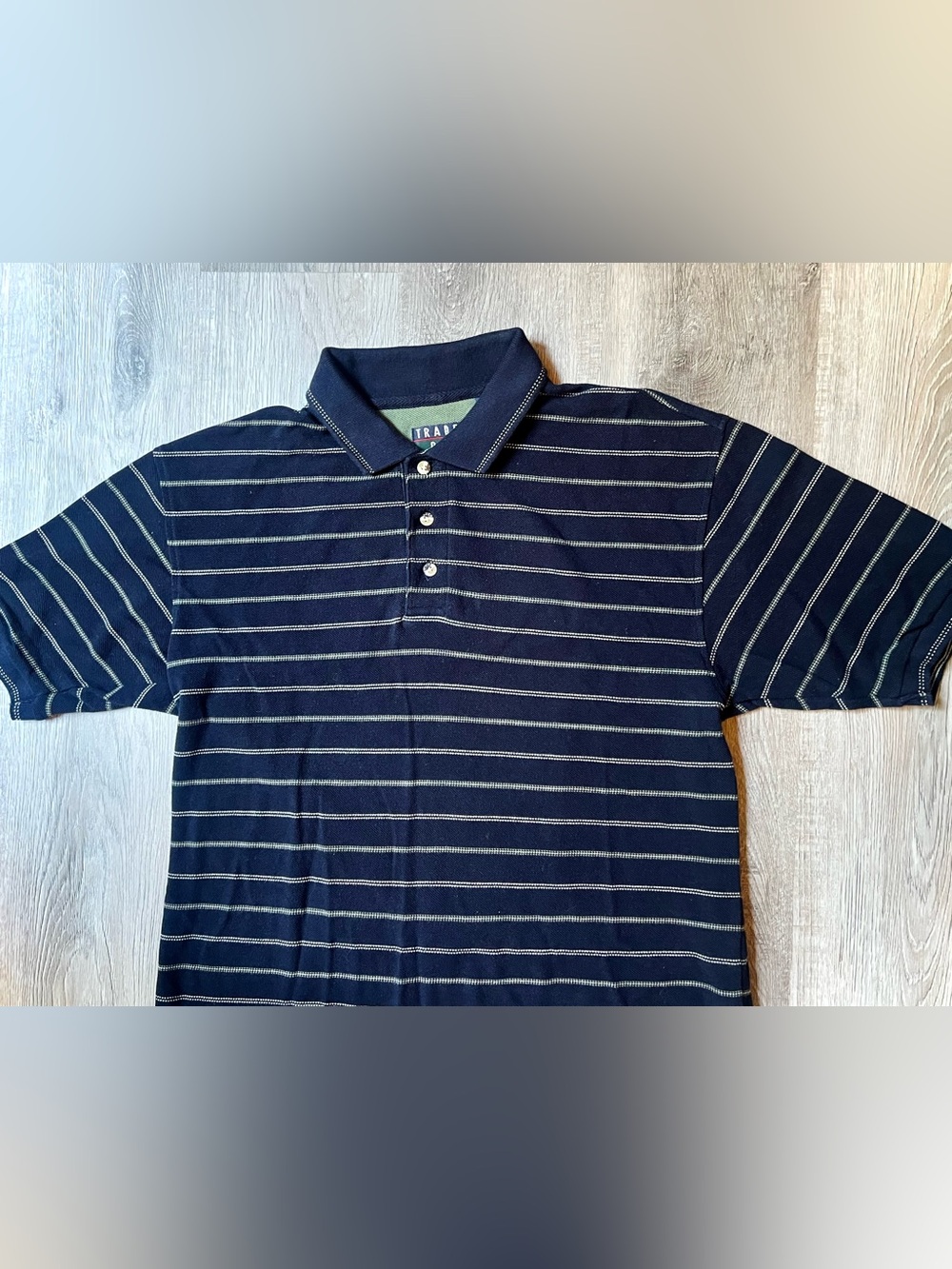 Trader Bay Men’s 1990’s Vintage Navy/Cream Striped Golf Polo Shirt Size S